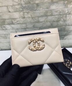 Chanel CO-CO 19 Card Holder Wallet 11cm/4.3in Gold Toned Hardware Beige