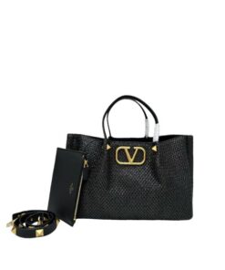 Valentino Garavani Medium Straw Summer Tote Black 35cm