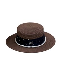 Chanel Polka Dot Pearl-Trimmed Straw Hat Dark Brown 57cm/22.4in