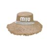 Miu Miu Wheat Straw Hat With White Lace Trim Beige