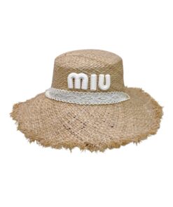 Miu Miu Wheat Straw Hat With White Lace Trim Beige