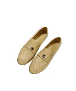 Chanel 20b Quilted Boy Lego Metal Logo Gold Mule Slip On Flat Loafers Beige