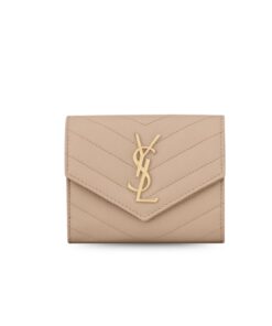 Saint Laurent Cassandre Matelaseé Compact Tri Fold Wallet Dark Beige 4.9in/12.5cm