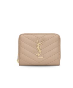 Saint Laurent Cassandre Matelaseé Compact Zip Around Wallet Dark Beige 4.7in/12cm